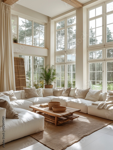 spacious modern living room with high glass window.