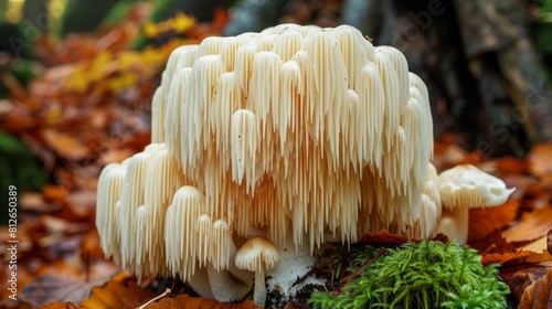 Hericium erinaceus mushroom, also known as Lion's Mane, grows on the forest floor in the wild.