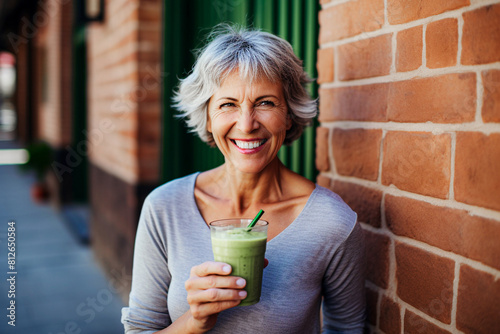 Blurred smiling senior woman holding a glass of green smoothie in the city