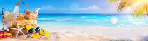 Summer Vacation - Accessories In Bag In Tropical Beach With Defocused Ocean