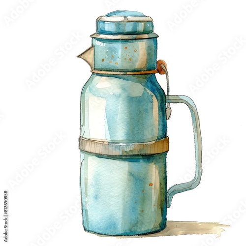 A blue metal thermos with a spout and a handle. The thermos is painted with a light blue color and has a dark blue lid. It is isolated on a white background. photo