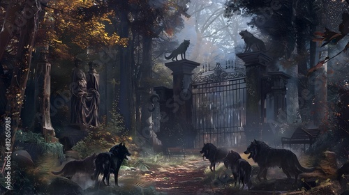 Mysterious Wolves Guarding the Enchanted Forest Gate in Autumn Mist