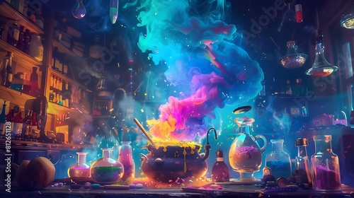 Mystical Potion Brewing in Enchanted Cauldron Amidst Swirling Magical Smoke and Mist