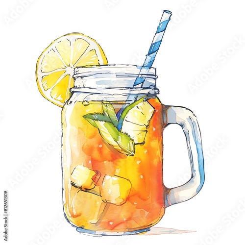 A refreshing watercolor illustration of a mason jar filled with iced tea, garnished with a lemon slice and mint.