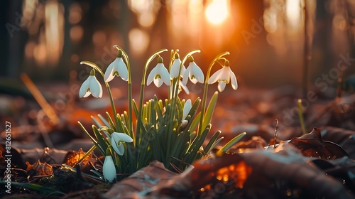 A cluster of delicate white snowdrop flowers blooming in a forest, signaling the arrival of spring. photo