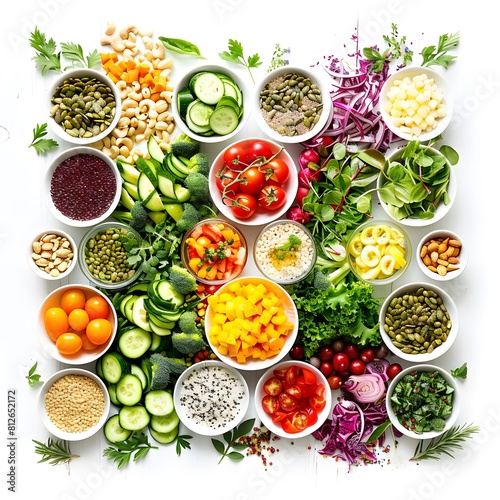 salad bar filled with an array of colorful vegetables , white background