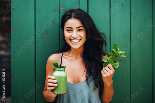 Blurred Smiling young woman holding a glass of green smoothie and a green plant.