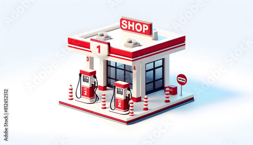 3D Render of Bright Red and White Car Filling Station with Two Fuel Pumps, Car Filling Station 3D Render: Bright Red and White Color Scheme, Two Fuel Pumps