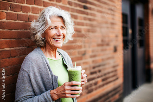 Blurred Smiling senior woman holding a glass of green smoothie in the city