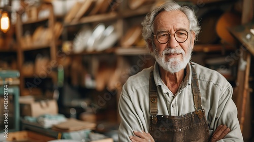 A man with a beard and glasses stands in a wood shop