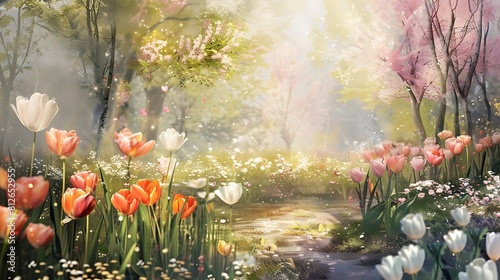 A dreamy garden scene with pastel-colored tulips in full bloom, creating a magical atmosphere.