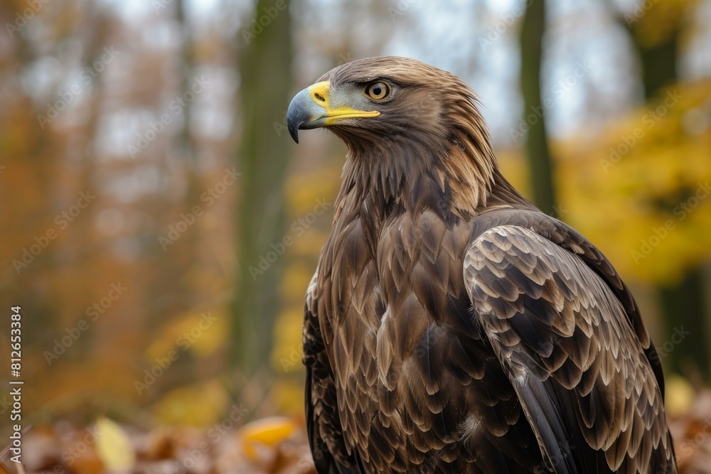 Close-up of a golden eagle with autumn foliage backdrop Close-up of a golden eagle with autumn foliage backdrop
