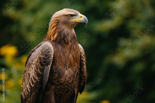 Close-up profile of a majestic golden eagle  a powerful bird of prey with intense gaze  sharp focus  and vibrant feathers in the natural world  symbolizing strength and beauty in the wilderness