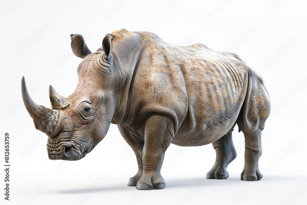 Fototapeta premium A detailed image of a rhino against a white backdrop. Suitable for educational materials