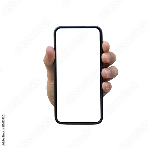 close up man left hand hold smartphone with blank screen isolated on transparent background for marketing or advertisement and design concept photo