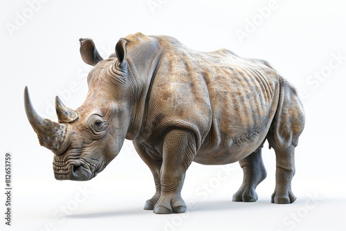 A detailed image of a rhino against a white backdrop. Suitable for educational materials