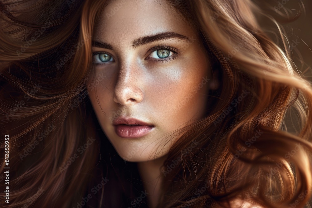 Fototapeta premium Close-up portrait of a woman with stunning green eyes and luxurious wavy hair