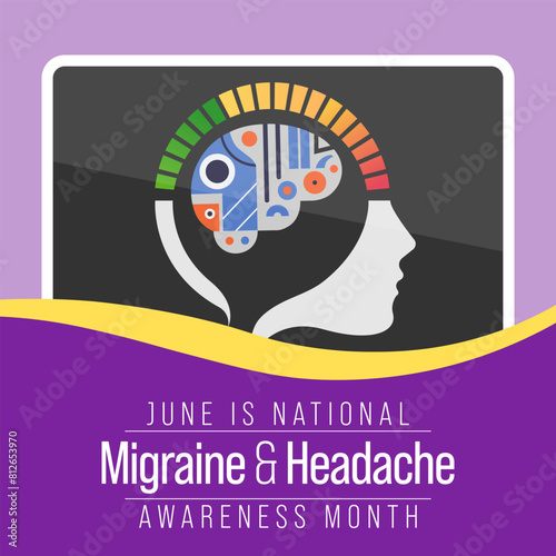 Migraine and headache awareness month is observed every year in June. it is usually a moderate or severe headache felt as a throbbing pain on one side of the head. Vector illustration