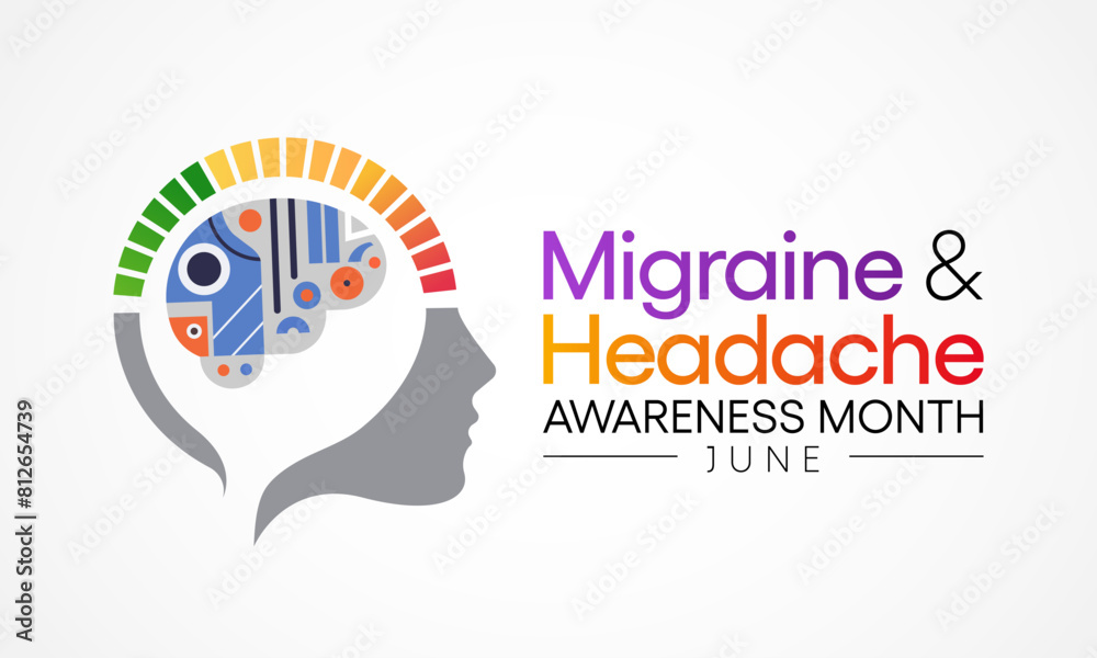 Obraz premium Migraine and headache awareness month is observed every year in June. it is usually a moderate or severe headache felt as a throbbing pain on one side of the head. Vector illustration