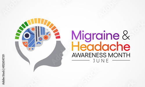 Migraine and headache awareness month is observed every year in June. it is usually a moderate or severe headache felt as a throbbing pain on one side of the head. Vector illustration