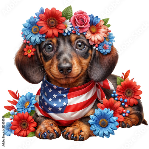 A Dachshund in Full Bloom and Patriotism, concept for independence day, Isolated on White Background photo