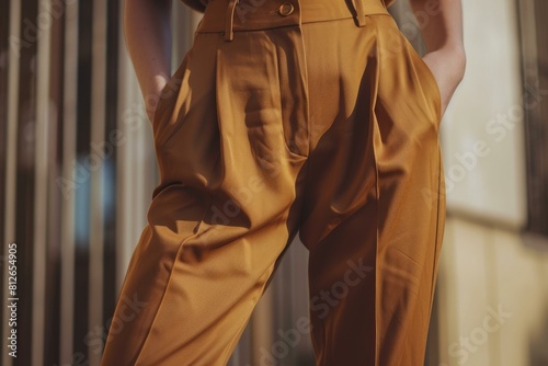 Close-up of stylish mustard yellow pants with a modern cut, outdoors