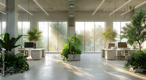 The office space is spacious  bright and modern with a white ceiling  large windows on the right side overlooking greenery outside. The floor has light grey carpeting.
