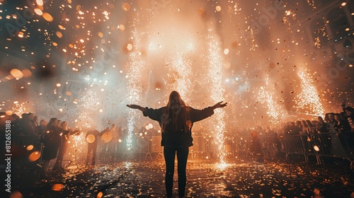 A woman stands in the middle of a crowd of people  surrounded by a lot of sparks