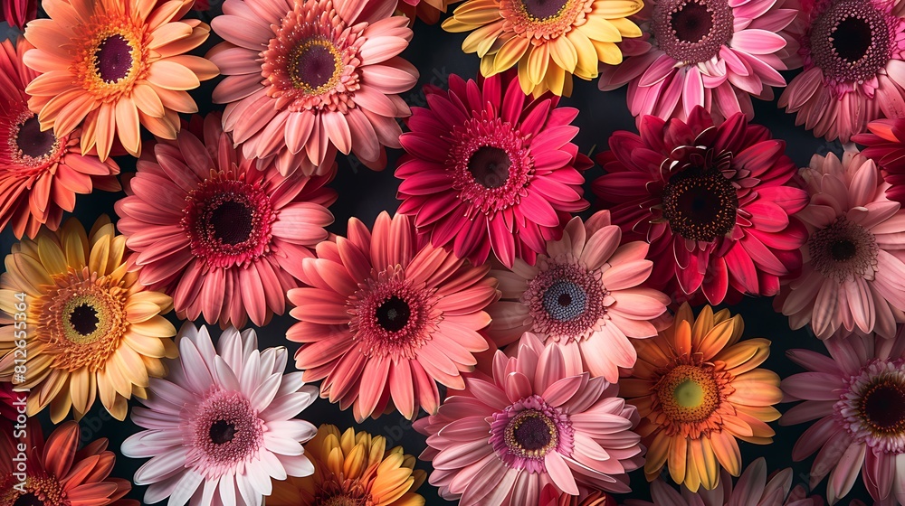 A mesmerizing display of vibrant gerbera daisies in shades of pink, orange, and yellow, creating a stunning floral arrangement.