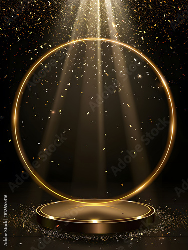 Gold podium for product presentation vector illustration. Abstract empty golden award platform with neon glowing round frame and rays, glitter confetti sparkle rain falling from above . Generative Ai.