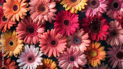 A mesmerizing display of vibrant gerbera daisies in shades of pink  orange  and yellow  creating a stunning floral arrangement.