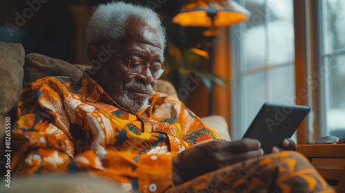 An older man is sitting on a couch and looking at a tablet