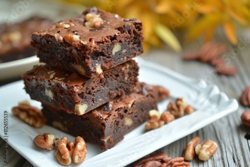 Tempting stack of chocolate walnut brownies on a plate with scattered nuts on a wooden table