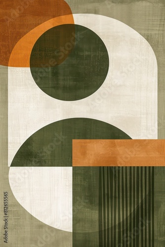 Circular and semi-circular shapes layered with rich textures and stripes create a visually compelling abstract composition