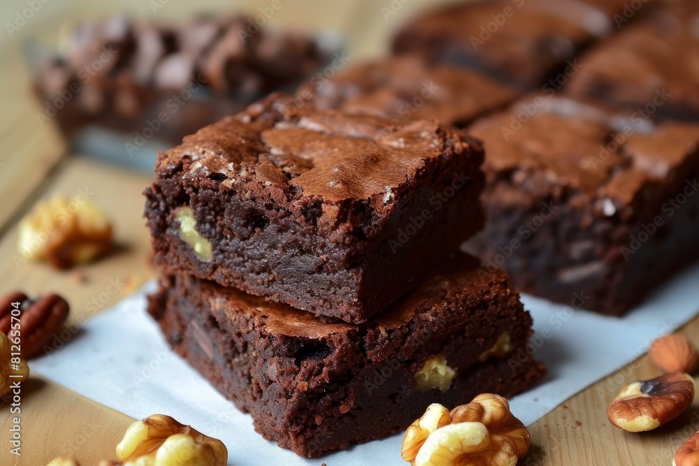 Delicious homemade chocolate walnut brownies on a wooden background, close-up photography, fresh baked dessert treat Delicious homemade chocolate walnut brownies on a wooden background, close-up photography, fresh baked dessert treat