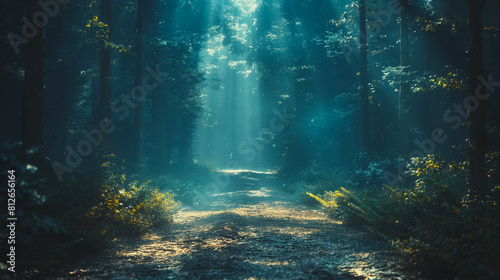 A forest path is illuminated by the sun  creating a peaceful