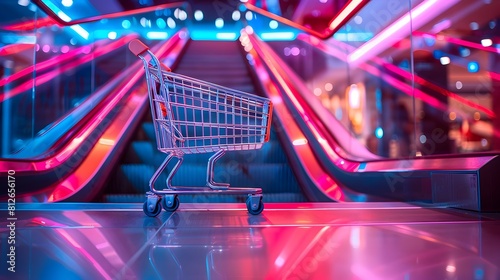 Neon Lit Futuristic Shopping Cart Escalator in Vibrant Retail Center