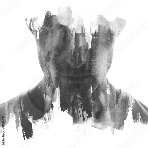 A black and white paint stroke full front paintography portrait of a man