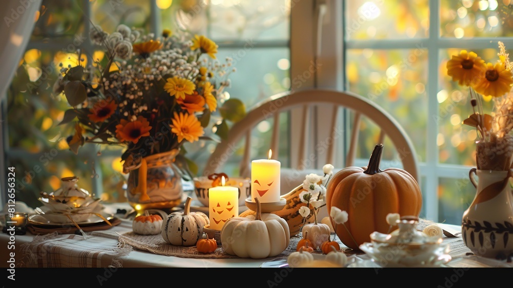 Fototapeta premium Explore spooky Halloween-themed settings and decorative tables. Transform your space with eerie ambiance, pumpkin centerpieces, and haunting decorations for a festive celebration.