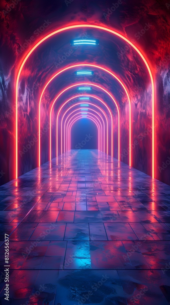 Neon Archway and Futuristic City Backdrop on Fashion Runway description This image depicts a sleek futuristic fashion runway with a stunning neon Neon Archway and Futuristic City Backdrop on Fashion Runway description This image depicts a sleek futuristic fashion runway with a stunning neon