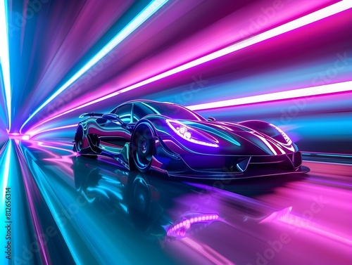 High Speed Neon Lit Tunnel with Futuristic Sports Car in Motion