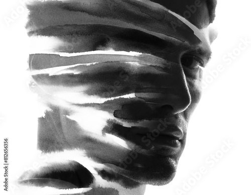 A black and white ink stroke pattern paintography portrait of a man