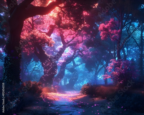 Glowing Neon Forest at Twilight Magical Fantasy Landscape with Ethereal Lights and Enchanted Atmosphere © Thares2020