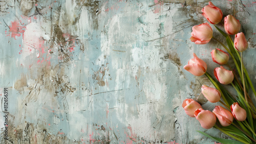 Pale Blue Distressed Background with Pink Tulips on the right side, Mother's Day Background