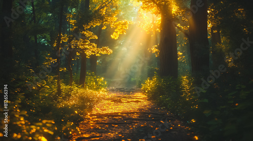 A path in a forest with sunlight shining through the trees