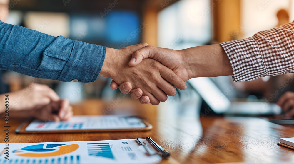 Business professionals in formal attire shaking hands over a meeting table, symbolizing successful negotiation and partnership