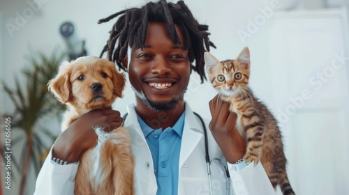 Veterinarian with Puppy and Kitten photo