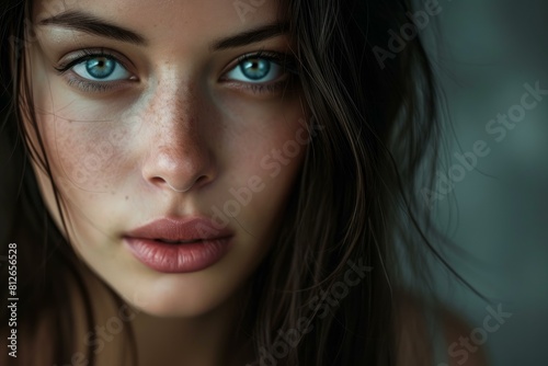 Intense gaze of a young female model with vivid blue eyes and natural beauty © anatolir