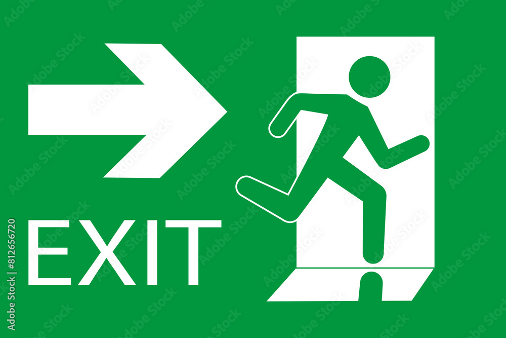 Safety vector symbol. Emergency exit sign. People running out fire exit. Running people and exit door sign. Escape help evacuation.