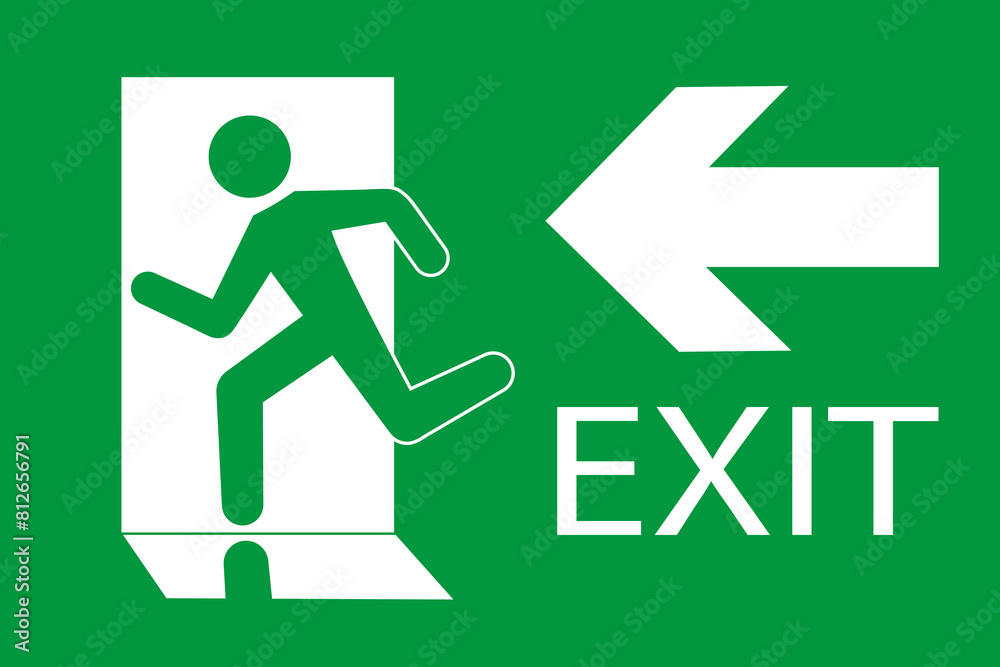Safety vector symbol. Emergency exit sign. People running out fire exit. Running people and exit door sign. Escape help evacuation.